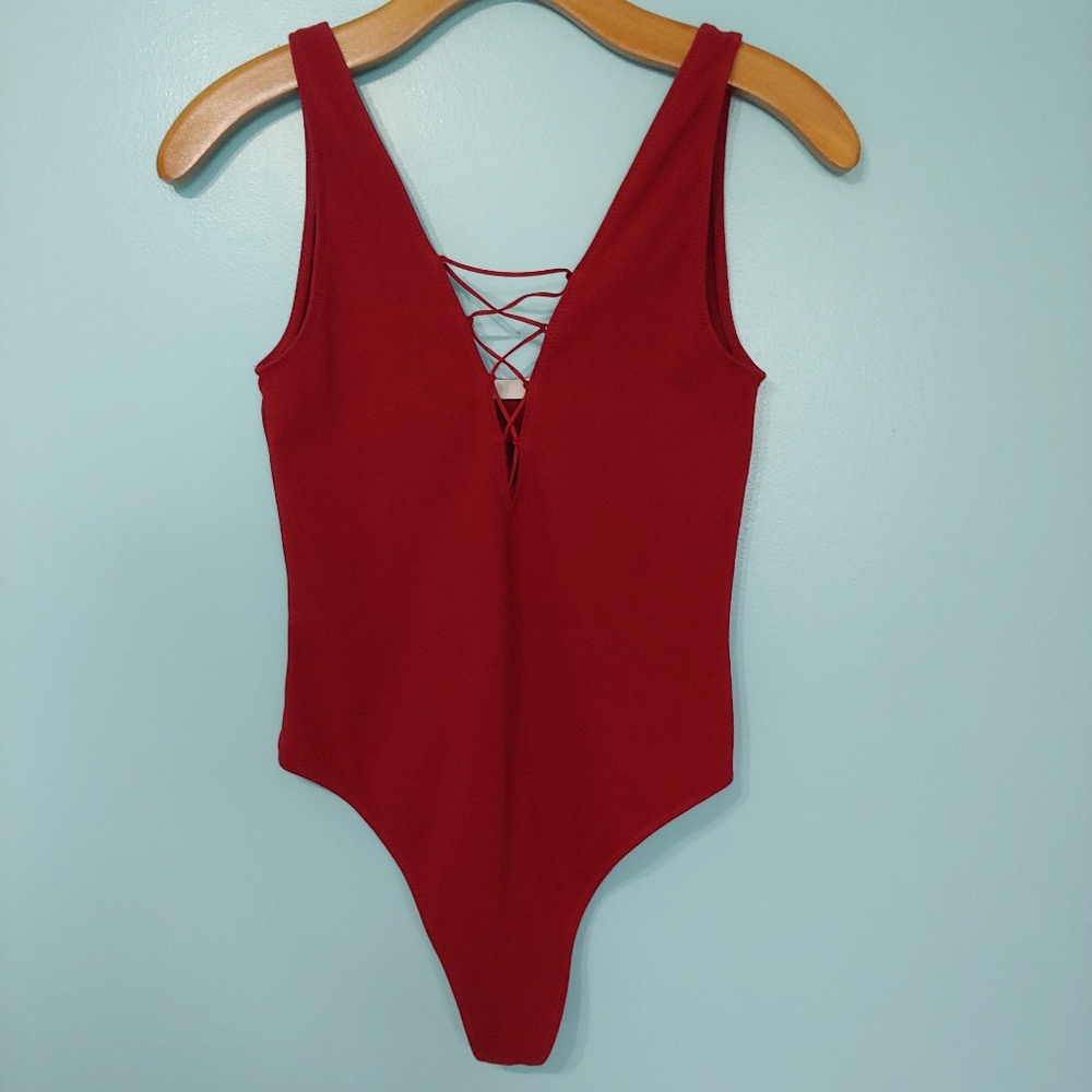 Aritzia Red Lace-Up Bodysuit